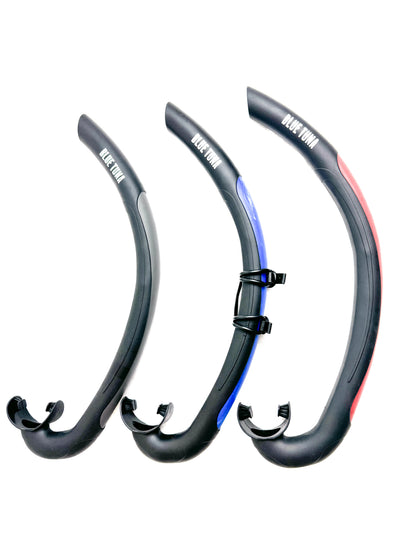 A set of three BTS AquaFlex snorkels in different colors: black, black with red accents, and black with blue accents.
